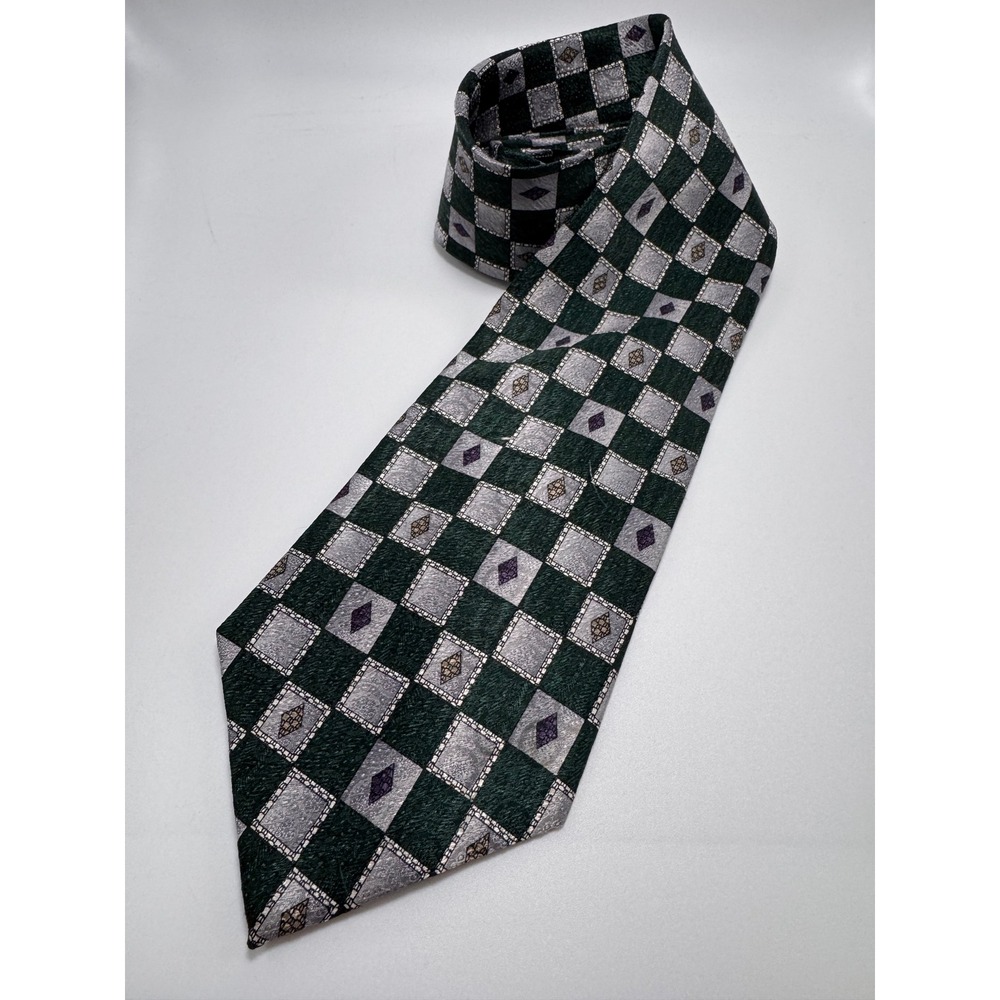 Pierre Cardin Mens Silk Tie Green Silver Geometric Checkerboard Diamond Pattern